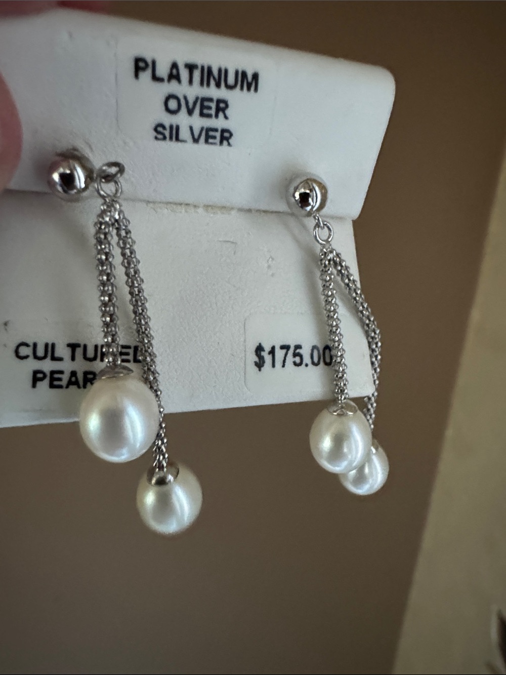 Platinum Over Silver Cultured Pearle Double Dangle Earrings - NWT